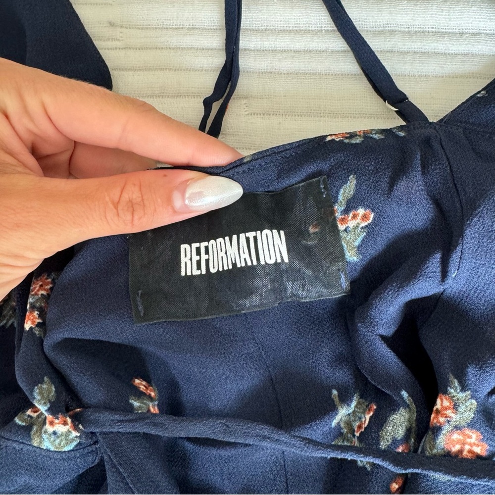 Reformation Navy Blue Floral Wrap Mini Dress Ruffle V-Neck XS - Picture 4 of 6